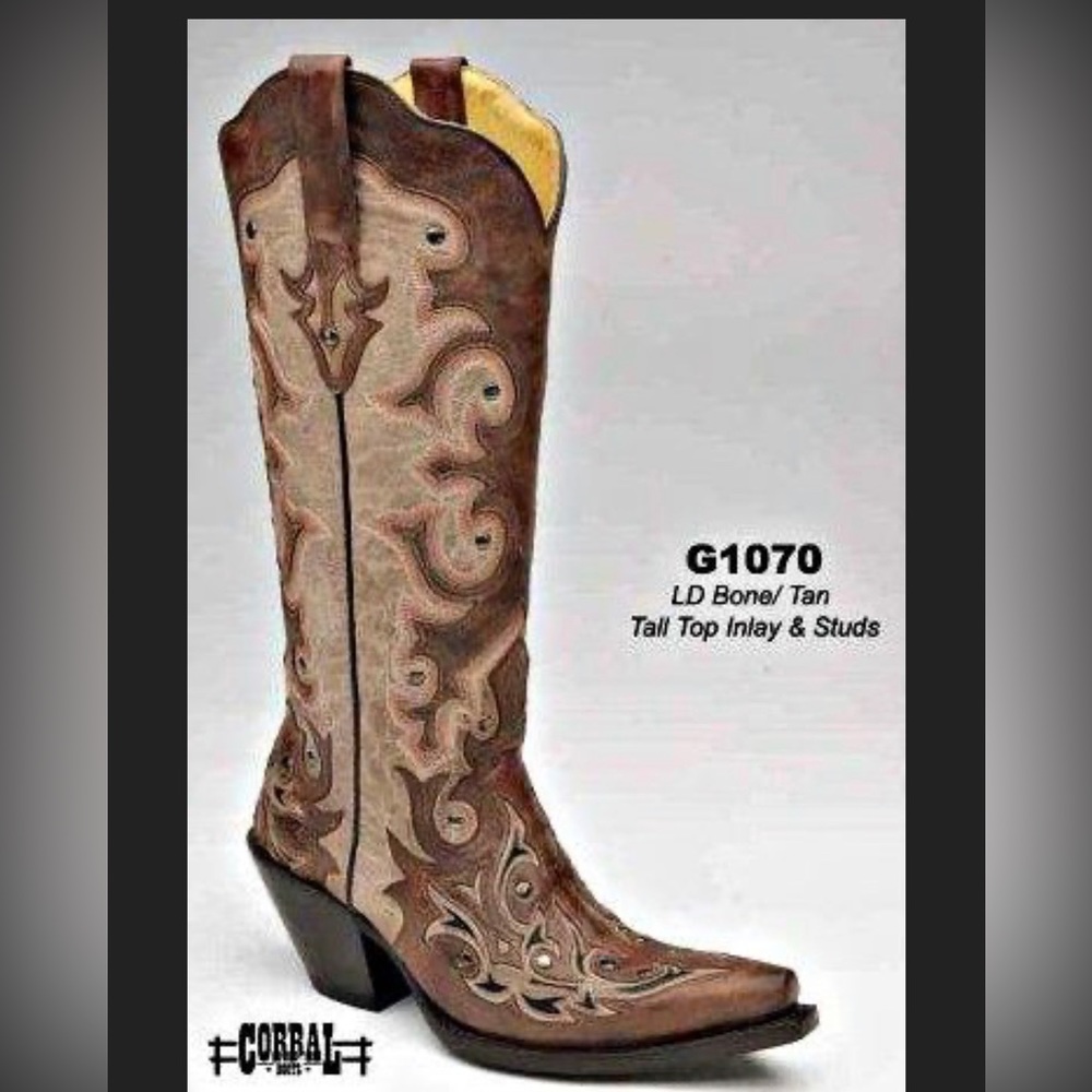 💋CORRAL Bone & Tan Inlay with Studs Cowgirl Boots - Style G1070 size 9M